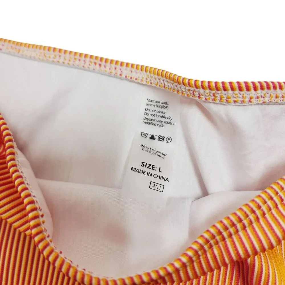 Orange & Yellow Striped High-Waisted Bikini Set Swimsuit Ruched Top Size L